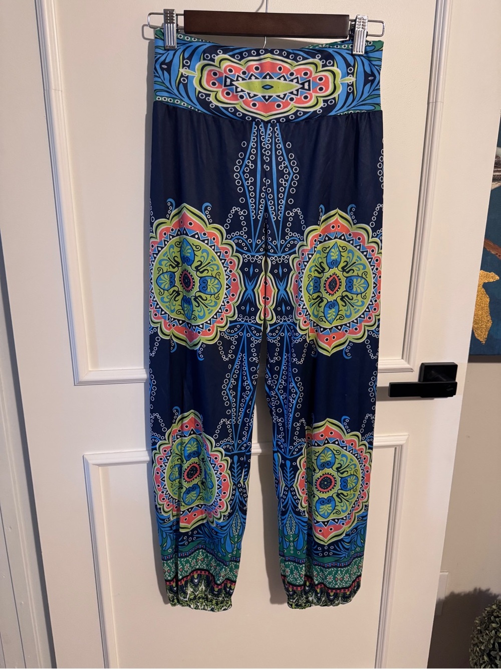 Boho Print Elastic Waist Harem Pants - Navy Multi